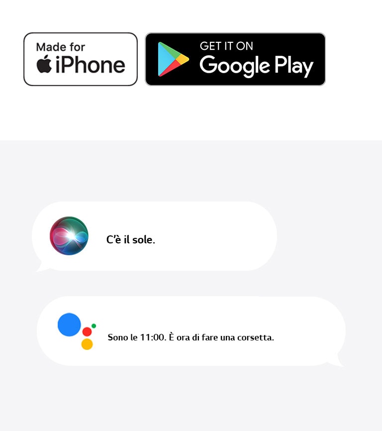 Logo App Store. Logo Google Play Store. Un'immagine di Siri che dice "C’è il sole" e Google Assistant che dice "Sono le 11:00. È il momento di allenarsi.”