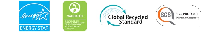 Da sinistra: ENERGY STAR (logo), UL VALIDATED (logo), Global Recycled Standard (logo), SGS ECO PRODUCT (logo).
