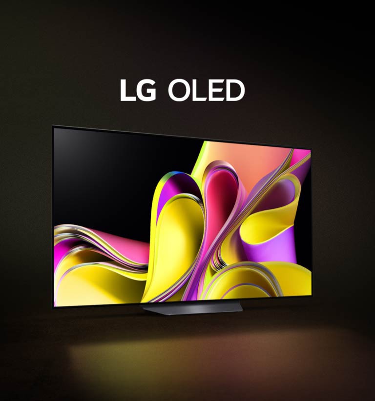 Un video inizia con uno sfondo nero e LG OLED B3 appare gradualmente con un'opera d'arte astratta colorata sullo schermo. Il televisore si sposta in posizione e la scritta LG OLED appare in bianco.