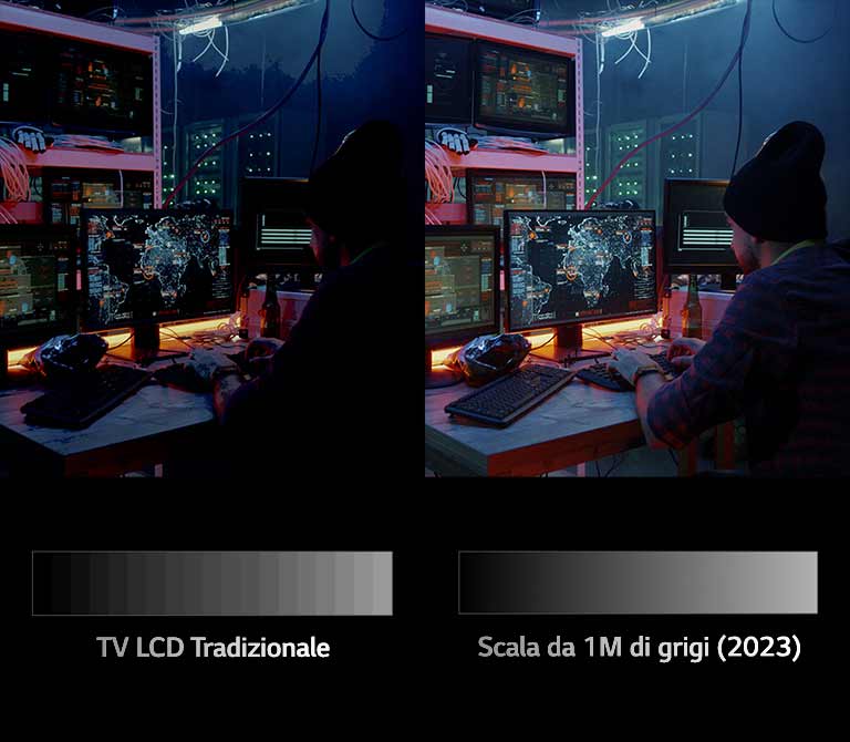 Attraverso la funzionalità di schermo suddiviso, si vede un uomo che guarda un monitor in una stanza buia. Viene confrontata la differenza di qualità dell'immagine tra il lato destro e quello sinistro.