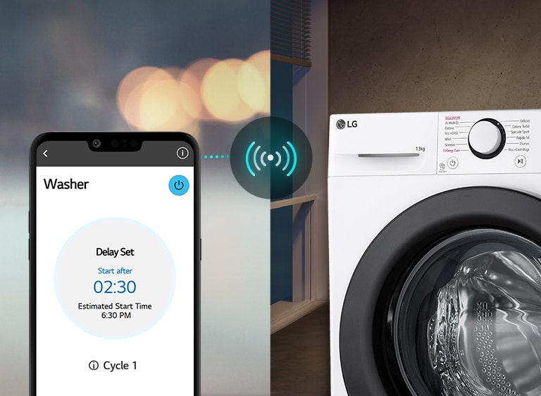 Un'immagine a sinistra mostra un uomo che guarda il suo telefono. L'immagine a destra mostra la lavatrice di casa con una luce verde sul display. Al centro, c'è un'immagine dello schermo dello smartphone che mostra l'app LG ThinQ e un'icona di connettività.