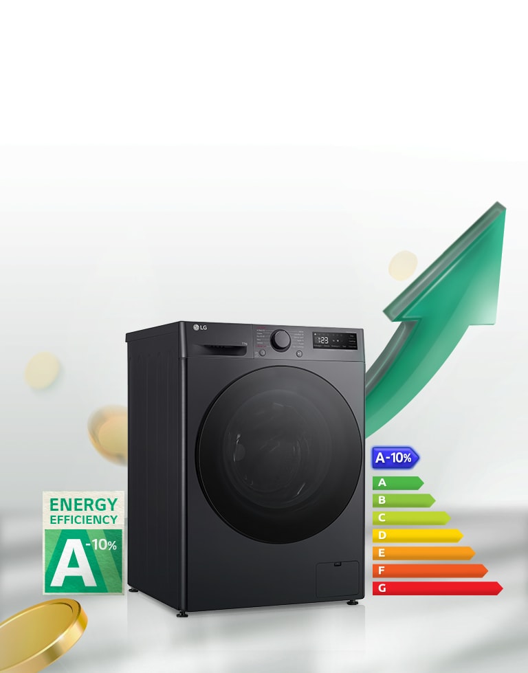 Lavatrice LG nera con display digitale, freccia verde e icona di efficienza energetica A-10% accanto.