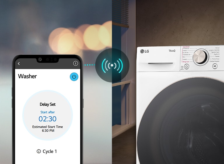Un'immagine a sinistra mostra un uomo che guarda il suo telefono. L'immagine a destra mostra la lavatrice di casa con una luce verde sul display. Al centro, c'è un'immagine dello schermo dello smartphone che mostra l'app LG ThinQ e un'icona di connettività.