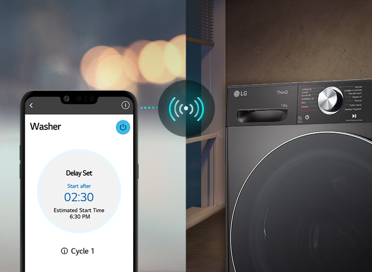 Un'immagine a sinistra mostra un uomo che guarda il suo telefono. L'immagine a destra mostra la lavatrice di casa con una luce verde sul display. Al centro, c'è un'immagine dello schermo dello smartphone che mostra l'app LG ThinQ e un'icona di connettività.