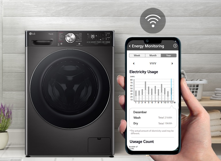 Foto di una lavatrice installata nel locale lavanderia. Si vede un mano con un telefono che mostra le informazioni relative alla lavatrice e il consumo di energia. Sullo schermo c'è anche il simbolo del Wi-Fi.
