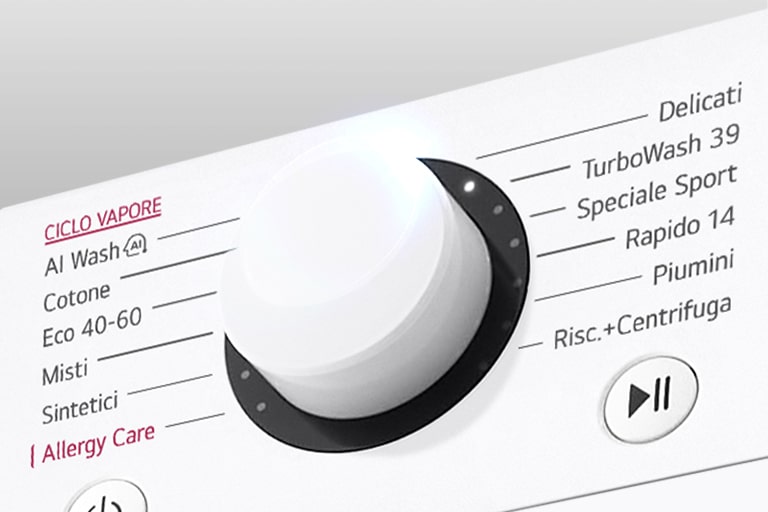 Dettaglio del pannello di controllo della lavatrice in cui si vede la manopola.
