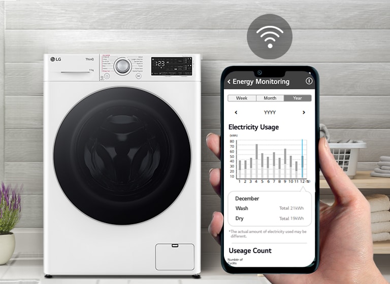 Foto di una lavatrice installata nel locale lavanderia. Si vede un mano con un telefono che mostra le informazioni relative alla lavatrice e il consumo di energia. Sullo schermo c'è anche il simbolo del Wi-Fi.