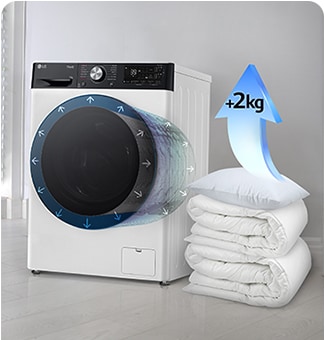 Cuscini e lenzuola accatastati di fianco alla lavatrice che diventano una freccia con scritto 2kg.
