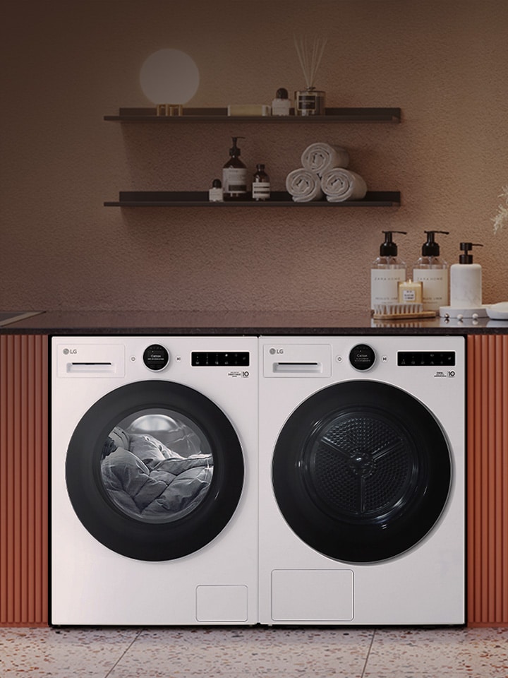 Lavatrice e asciugatrice LG installate sotto un piano di lavoro in una lavanderia con scaffali e oggetti decorativi