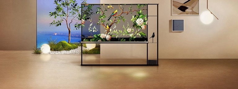 TV OLED trasparente inserito in un ambiente minimalista e naturale, con un paesaggio in secondo piano.