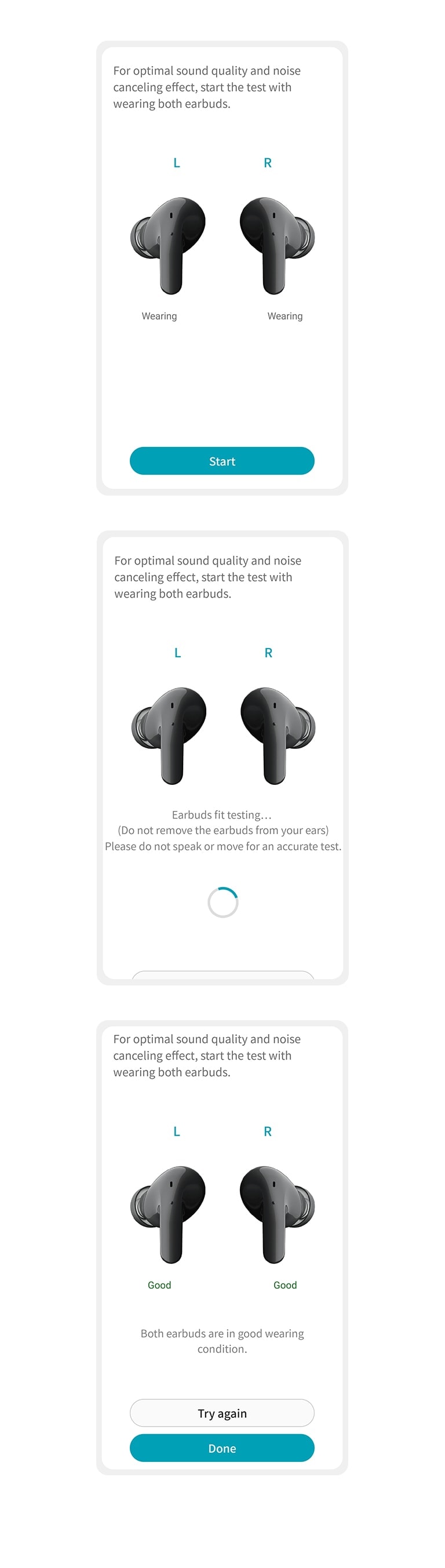 Immagini dell’app che presenta suggerimenti su come regolare gli auricolari per garantire un adattamento ottimale.