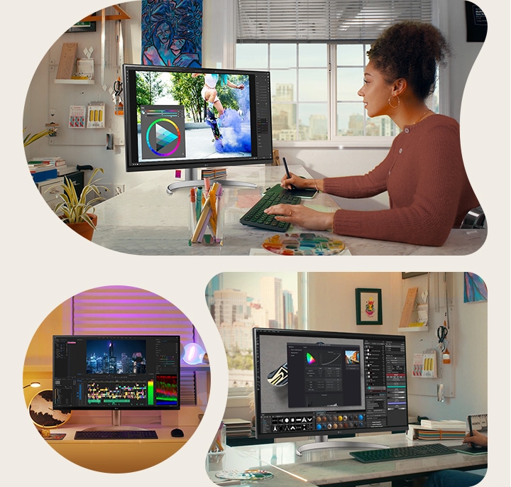 Una scena di Photoshop, streaming e editing video con il 27UQ850V.	