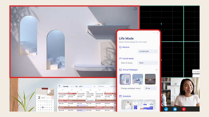 L’app LG Switch consente di ottimizzare il monitor per un ambiente di lavoro efficiente, ad esempio mediante la divisione del display in sei aree, la gestione degli orari o il semplice avvio della piattaforma di videochiamata grazie ai tasti di scelta rapida mappati.