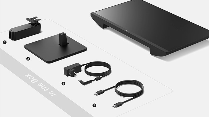 Nella confezione sono presenti il corpo e la base dello stand, con l’adattatore e il cavo di alimentazione.