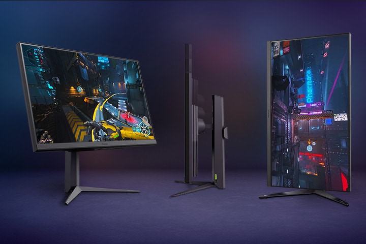 Tre immagini di monitor che mostrano le regolazioni in altezza, tilt e pivot.