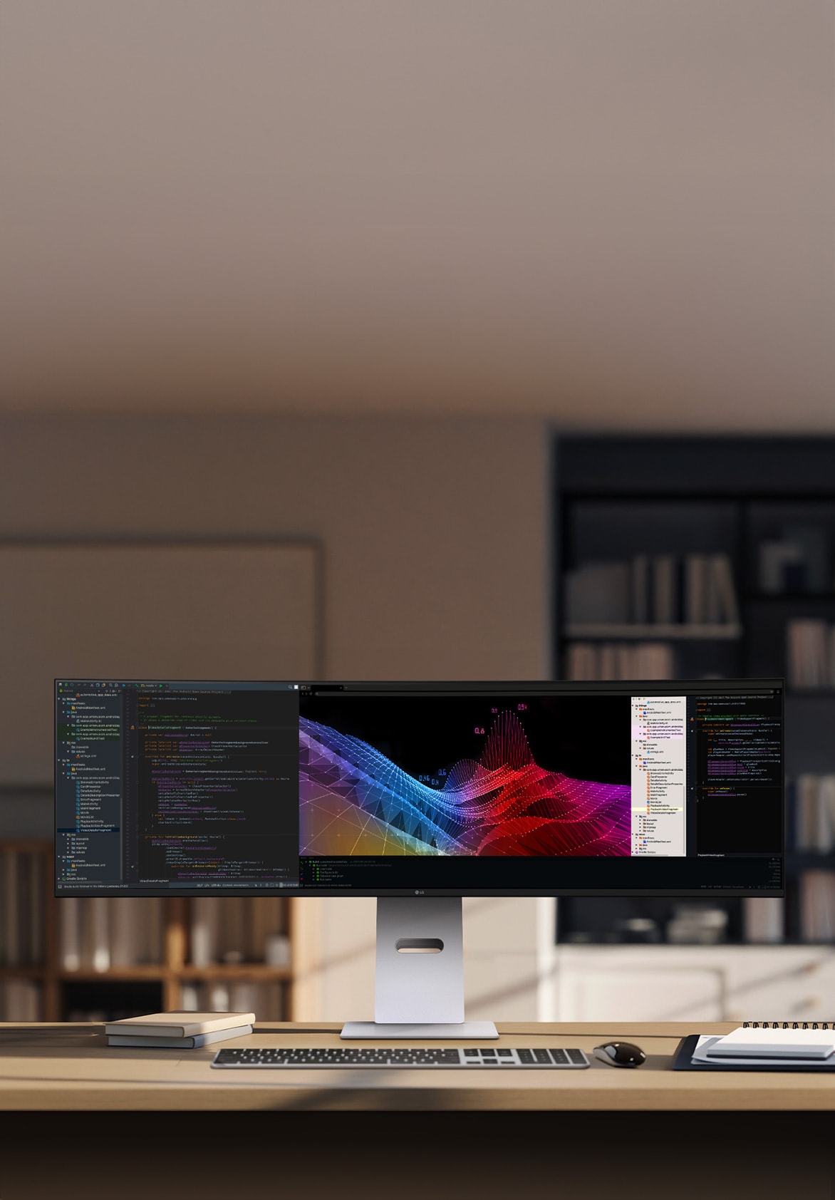 Un moderno setup per ufficio domestico con un grande monitor ultra-wide LG che mostra dashboard e grafici di dati, insieme a una tastiera e un mouse wireless su una scrivania in legno.
