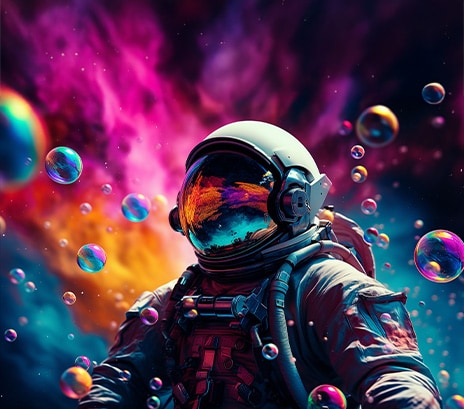 Scena fantascientifica colorata con un astronauta che mostra una nitidezza vivida grazie alla tecnologia DisplayHDR 400 sul monitor LG UltraWide.