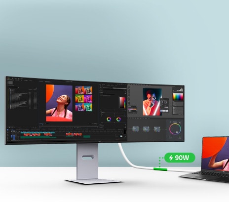 Un cavo USB Type-C collegato tra un laptop e un monitor ultra-wide LG che mostra un’interfaccia di montaggio video, con un primo piano che evidenzia la porta USB-C del monitor.