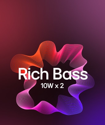 Grafica illustrativa che mette in risalto un suono immersivo con doppi altoparlanti da 10W e prestazioni di bassi potenti.