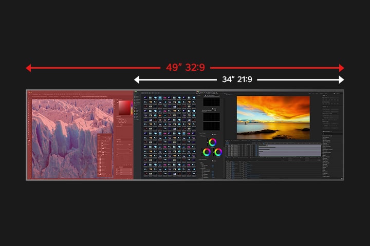Immagine comparativa che mostra un monitor ultra-wide da 49" in formato 32:9 accanto a un display da 34" in formato 21:9, illustrando l’ampio spazio di lavoro orizzontale. Lo schermo mostra applicazioni creative affiancate.
