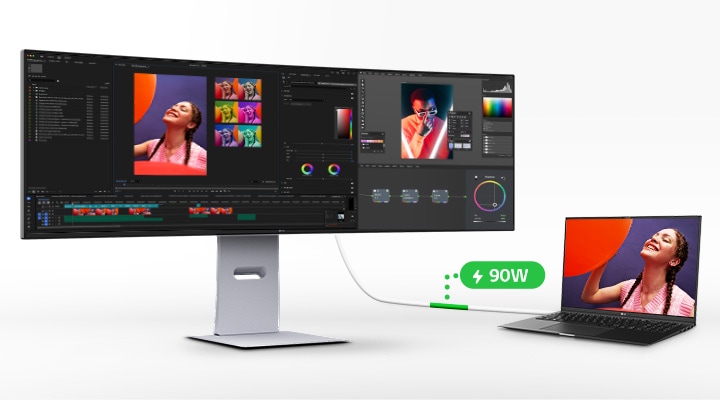 Monitor collegato a un laptop tramite un unico cavo USB Type-C con erogazione di potenza da 90W, supportando display, trasferimento dati e ricarica. L’immagine evidenzia la connettività tutto-in-uno con una scrivania ordinata.