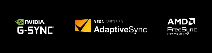 Loghi di NVIDIA G-SYNC, VESA AdaptiveSync, e AMD FreeSync Premium Pro.