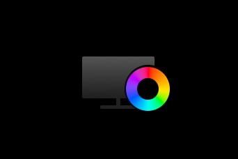 Icon of a computer monitor with a colourful circular palette overlay, representing display or colour settings.