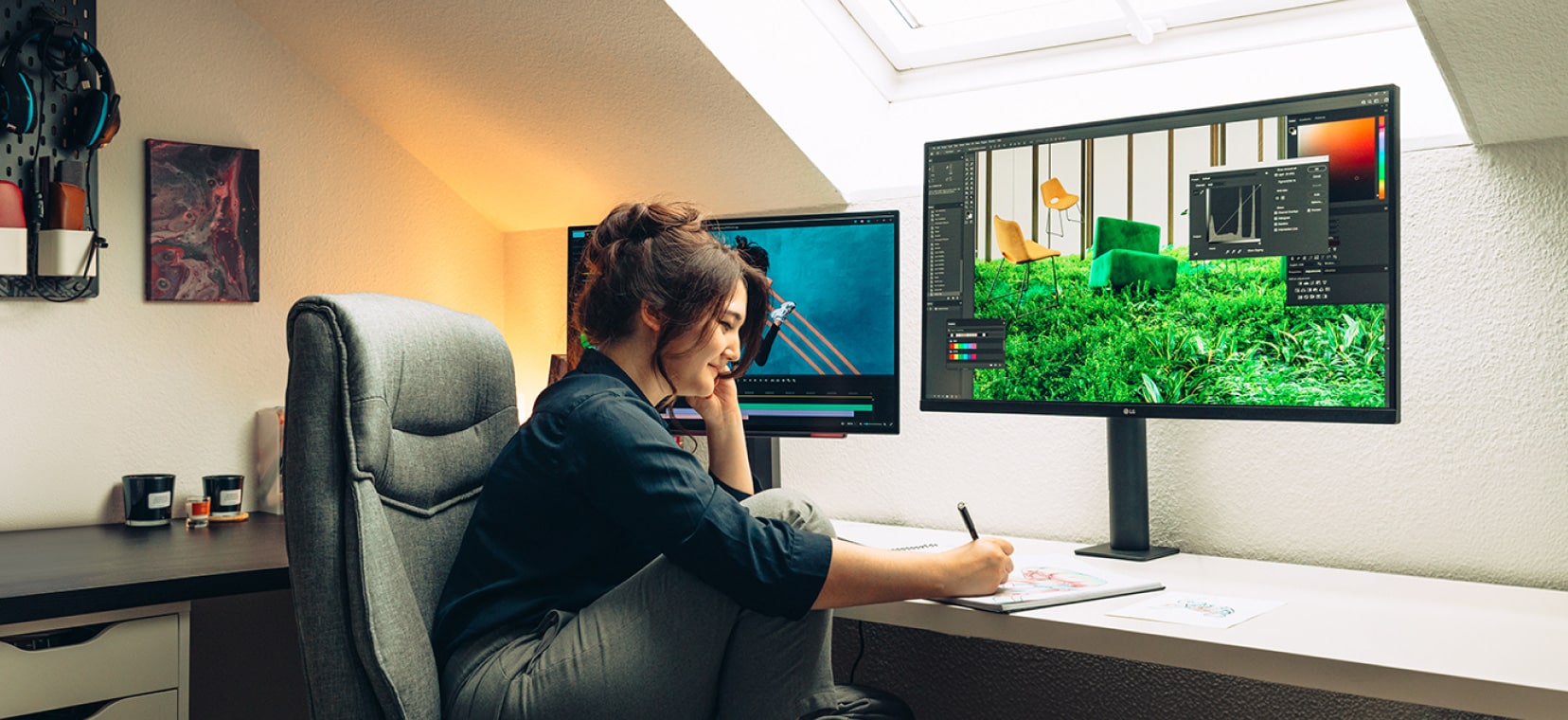 Una donna che disegna in un accogliente ufficio domestico con due monitor che mostrano software di editing e immagini vivaci della natura.