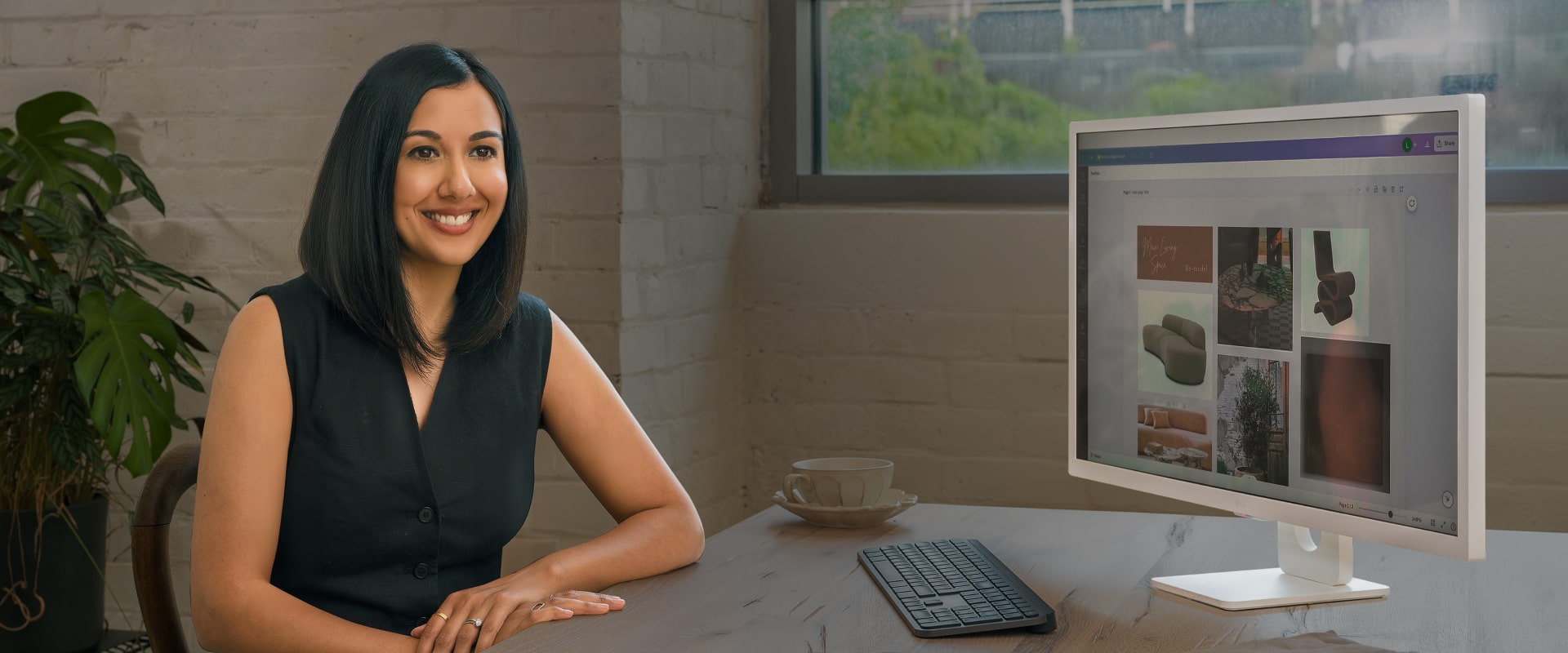 Lisa Mistry è seduta al bancone della sala da pranzo, sorridendo al LG MyView Smart Monitor che mostra uno dei suoi progetti di design.