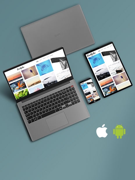 L'immagine mostra un insieme di dispositivi, tra cui un computer portatile, un tablet e uno smartphone, che visualizzano tutti lo stesso contenuto, sottolineando la connettività cross-device senza soluzione di continuità. Con i loghi di Apple e Android nell'angolo in basso a destra.