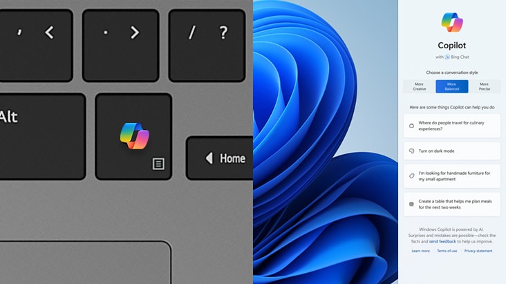 L'immagine mostra un primo piano della tastiera di un computer portatile sulla sinistra, evidenziando un tasto dedicato con l'icona di Windows Copilot. A destra, c'è una schermata dell'interfaccia di Windows Copilot, con un pannello di assistente AI con attività e comandi suggeriti.