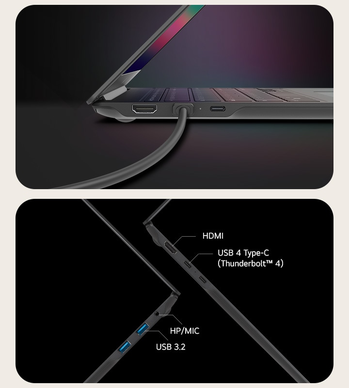 HDMI, USB 4 di Tipo C (Thunderbolt™ 4), HP/MIC, USB 3.2.