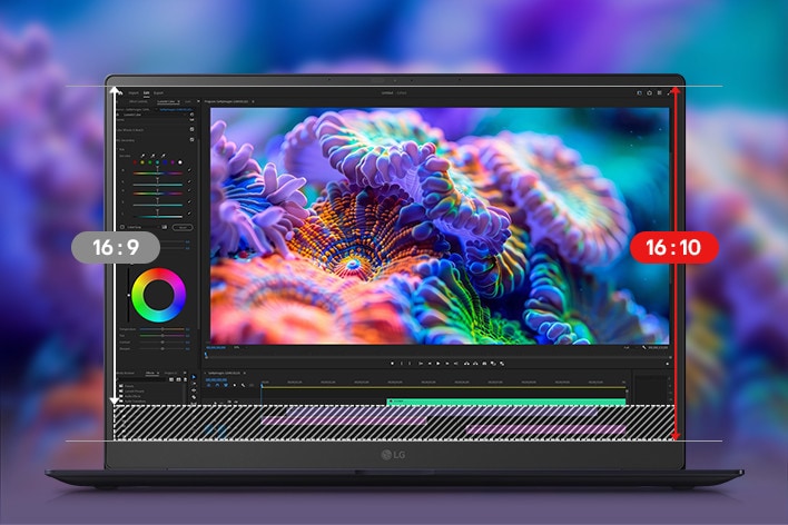 Un computer portatile mostra un’interfaccia di editing video con un progetto di design colorato sullo schermo. Un’animazione che mette in evidenza la transizione da un formato 16:9 a un formato 16:10, sottolineando lo spazio di lavoro verticale garantito da quest’ultimo.