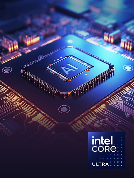 Un processore IA è ben visibile su un circuito stampato, a simboleggiare tecnologia avanzata e prestazioni. Il logo Intel Core Ultra è visibile nell’angolo in basso a destra, sottolineando le capacità di elaborazione dell’IA all’avanguardia.