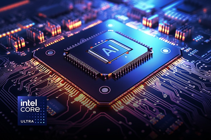 Primo piano di un processore Intel Core Ultra con un simbolo IA sul chip, circondato da circuiti luminosi, con il logo Intel Core Ultra nell’angolo.