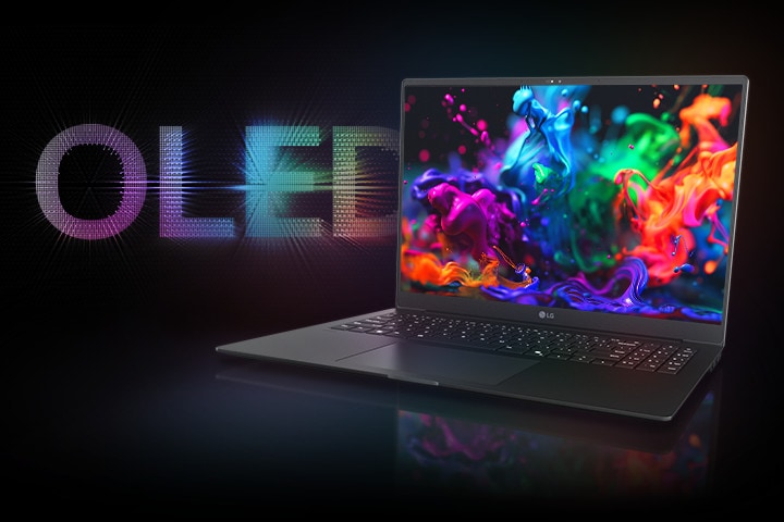 Un computer portatile con uno schermo OLED vibrante che mostra immagini astratte colorate, accompagnate da logo OLED luminoso sullo sfondo.