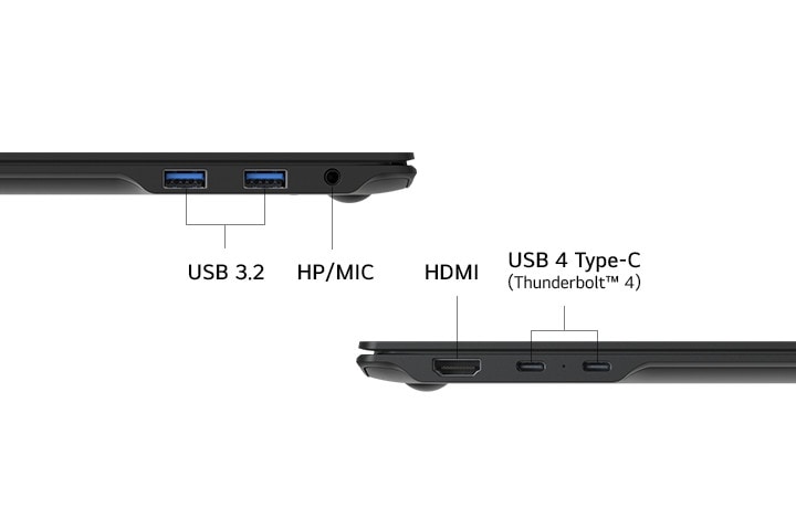 Vista laterale di un computer portatile che mostra le porte, tra cui USB 3.2, jack combinato cuffie/microfono (HP/MIC), HDMI e USB 4 Type-C (Thunderbolt™ 4). Il layout pulito evidenzia opzioni di connettività versatili.