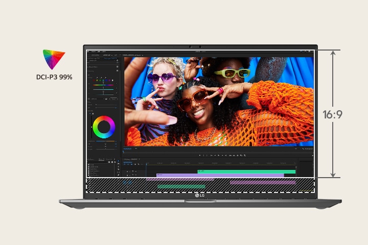 L’immagine rappresenta un’animazione che passa da un formato 16:9 sullo schermo superiore a un formato più alto di 16:10 sullo schermo inferiore. Il logo DCI-P3 99% è visibile nell’angolo in basso a destra. Questa trasformazione enfatizza visivamente lo spazio verticale aggiuntivo fornito dal formato 16:10, ideale per la produttività e il multitasking.