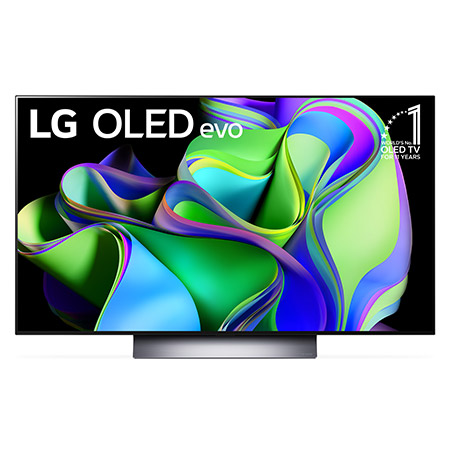 Front view with LG OLED evo and 10 Years World No.1 OLED Emblem on screen.