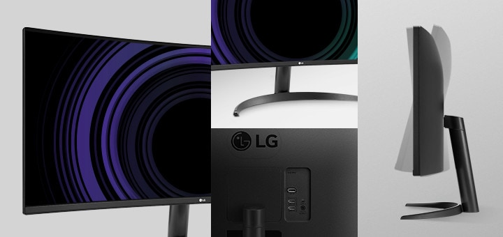 Immagine che mostra la vista su 3 lati dei monitor praticamente senza bordi, supporto posizionabile con un solo clic, altezza e inclinazione.