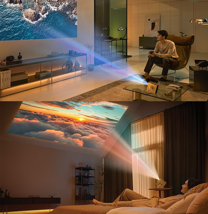 Varie scene di utilizzo dell’LG CineBeam HU710PB - salotto e camera da letto.