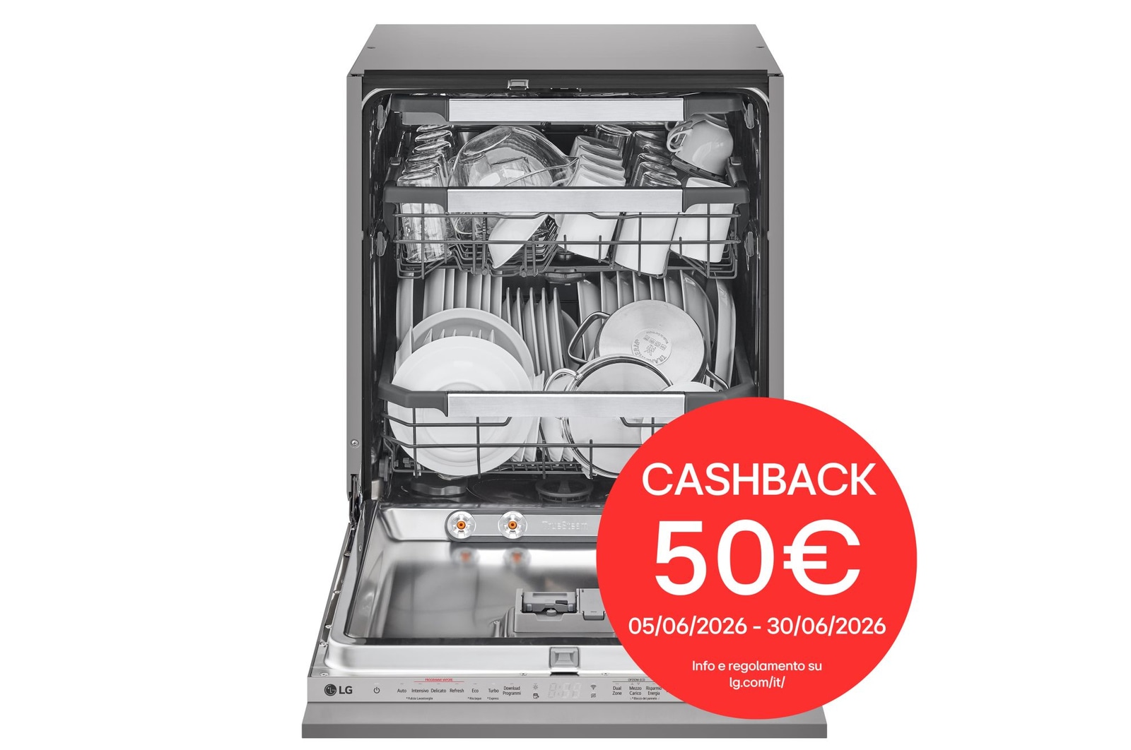Vista frontale di Lavastoviglie a scomparsa totale | QuadWash Serie 5, Classe A -20% 43dB | 14 coperti, Vapore, Info Light | Noble Steel DB597TXS
