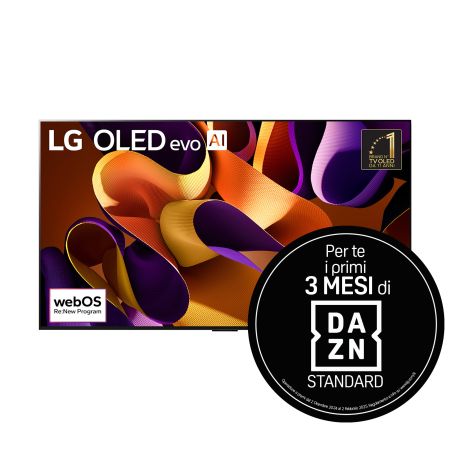 Vista frontale con LG OLED evo G4, OLED55G45LW, logo di brand numero 1 al mondo da 11 anni per TV OLED e logo di garanzia di 5 anni sul pannello.