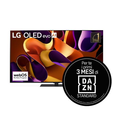 Vista frontale con TV LG OLED evo, OLED G4, emblema OLED di 11 anni numero 1 al mondo e logo di garanzia del pannello di 5 anni sullo schermo