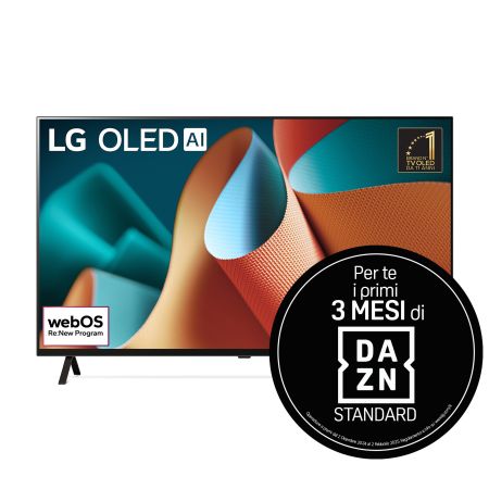 Vista frontale del TV con l'emblema di brand n°1 nei TV OLED da 11 anni e il logo del programma di aggiornamento webOS Re:New