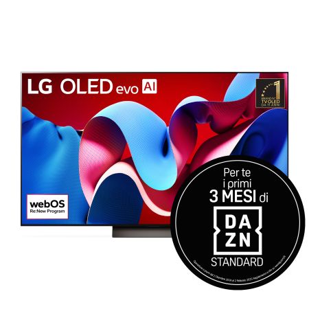 Vista frontale del TV LG OLED evo AI serie OLED C4. Sul TV ci sono il logo 11 anni, l'emblema OLED n. 1 al mondo e il logo webOS Re:New Program.