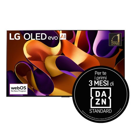 Vista frontale con TV LG OLED evo G4, OLED65G45LW, Emblema di  marchio numero 1 al mondo da 11 anni per TV OLED e logo della garanzia di 5 anni sul pannello sullo schermo.