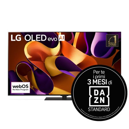 Vista frontale con TV LG OLED evo AI, OLED G4, 11 anni di emblema OLED n. 1 al mondo e logo webOS Re:New Program sullo schermo