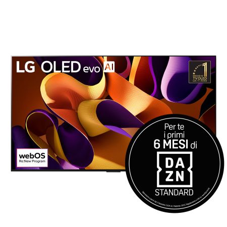 Vista frontale con TV LG OLED evo G4, OLED77G45LW, emblema di marchio numero 1 al mondo da 11 anni per TV OLED e logo della garanzia di 5 anni sul pannello sullo schermo.