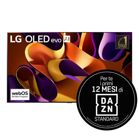 Vista frontale con LG OLED evo G4, OLED97G45LW, logo di brand numero 1 al mondo da 11 anni per TV OLED e logo di garanzia di 5 anni sul pannello.